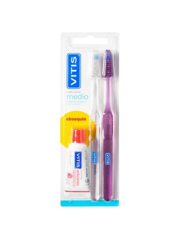 VITIS Pack Cepillo Dental Medio 2uds + Pasta Anticaries 15ml de REGALO