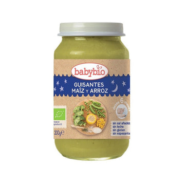 BABYBIO Tarrito Buenas Noches BIO Guisantes, Maíz y Arroz +6m 200g