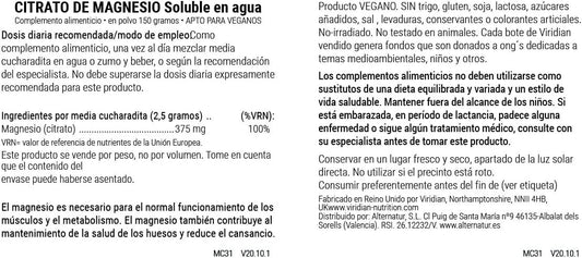 Viridian Citrato de Magnesio En Polvo 150 g