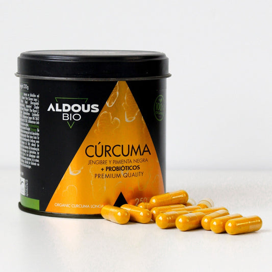 Aldous Cúrcuma Ecológica con Probióticos, Jengibre y Pimienta Negra 250 Cápsulas