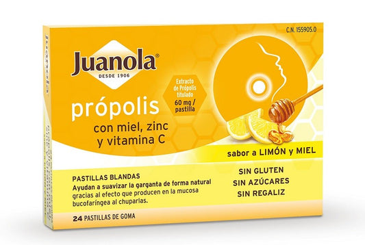 JUANOLA Própolis con Miel, Zinc y Vit C sabor Limón y Miel 24 Pastillas Blandas