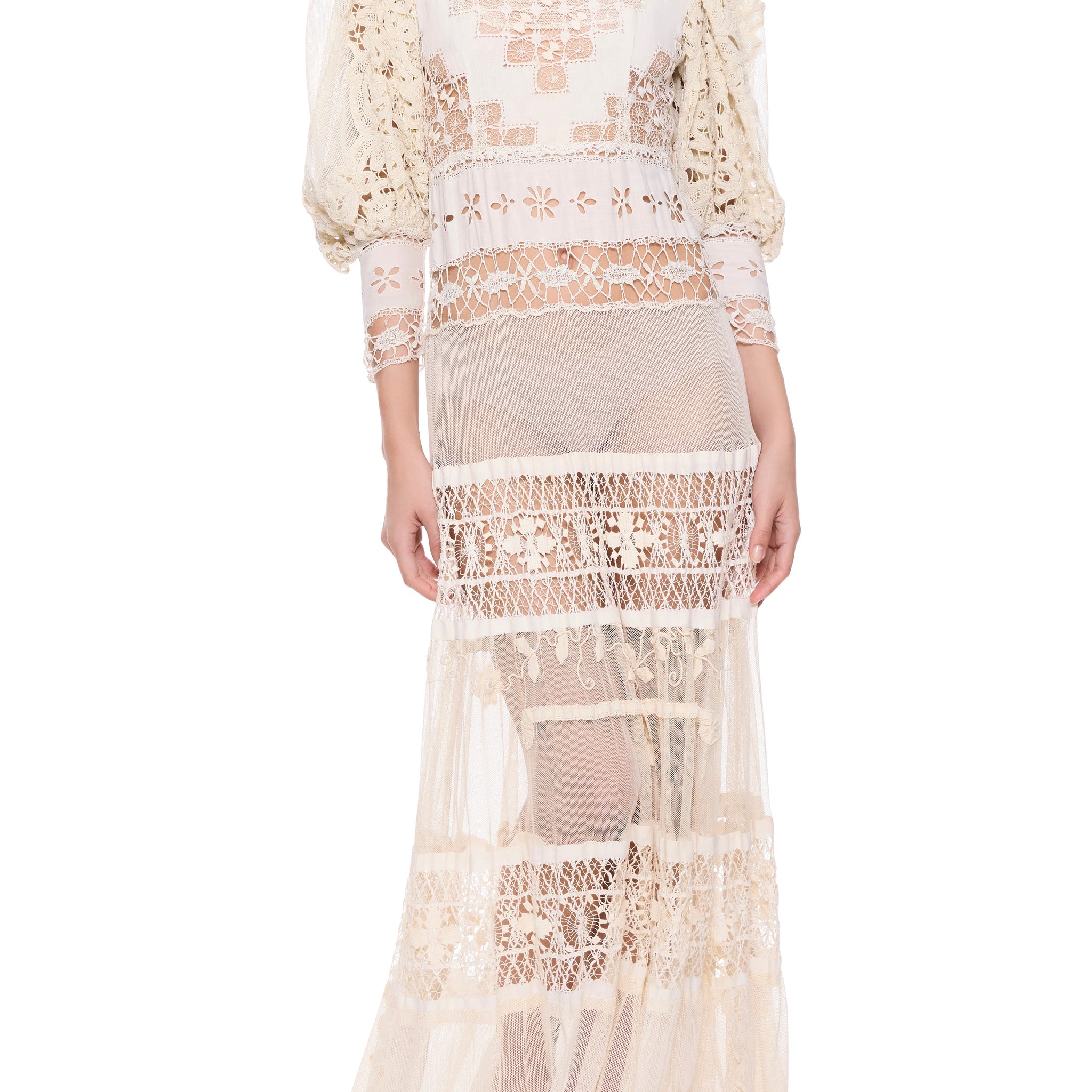 1920s Ivory Handmade Lace Gown with Puffball Sleeves