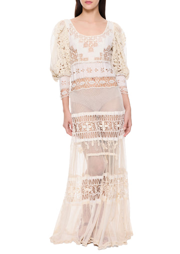 1920s Ivory Handmade Lace Gown with Puffball Sleeves