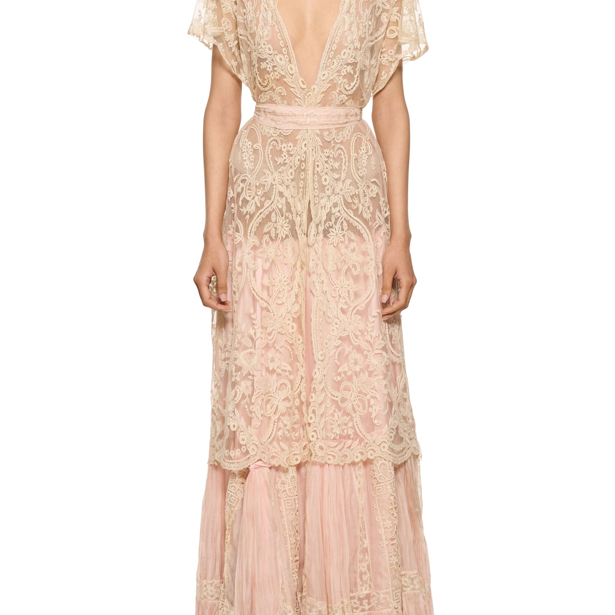 1920s Cream and Blush Intricate Lace Gown