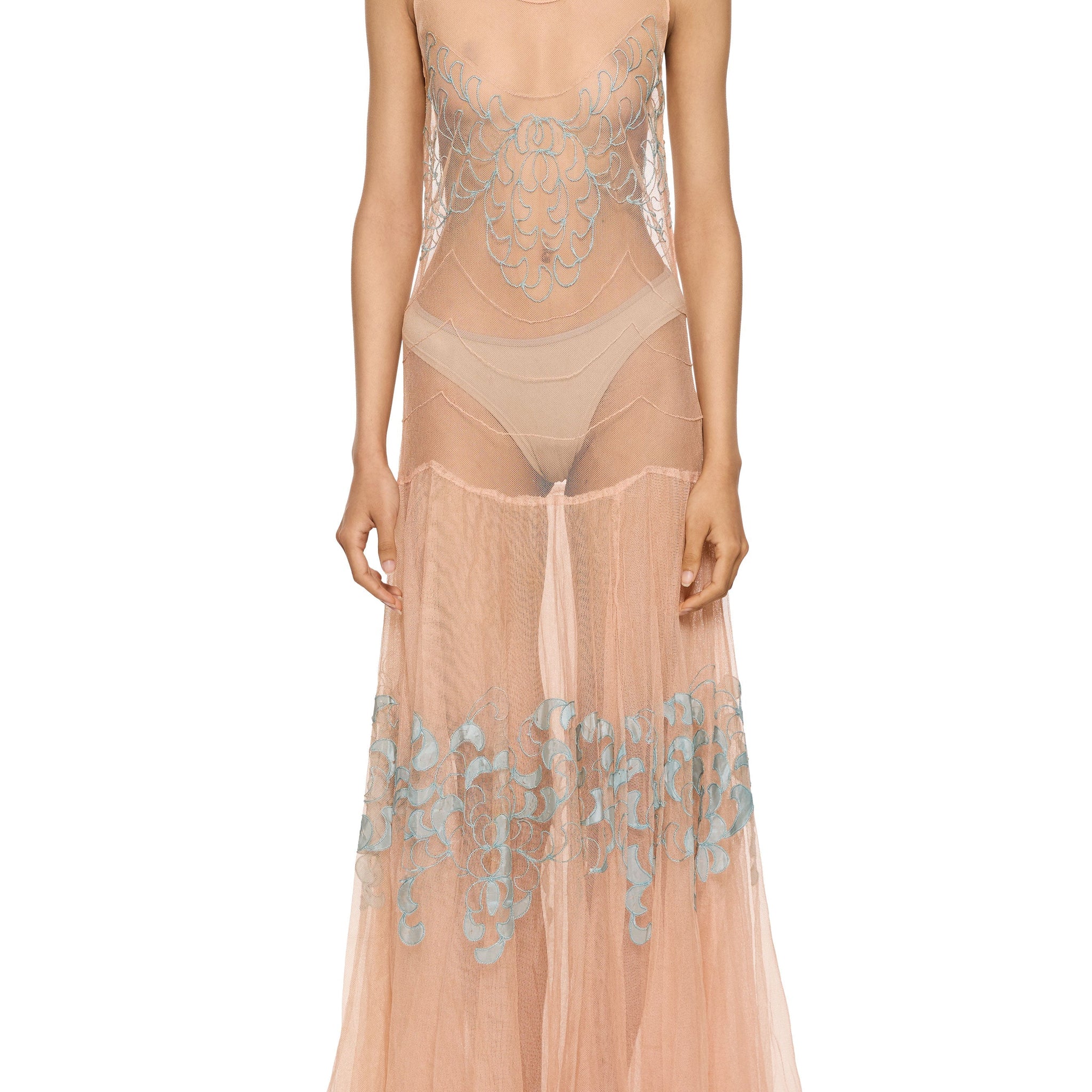 1920s Light Peach Tulle Embroidered Gown