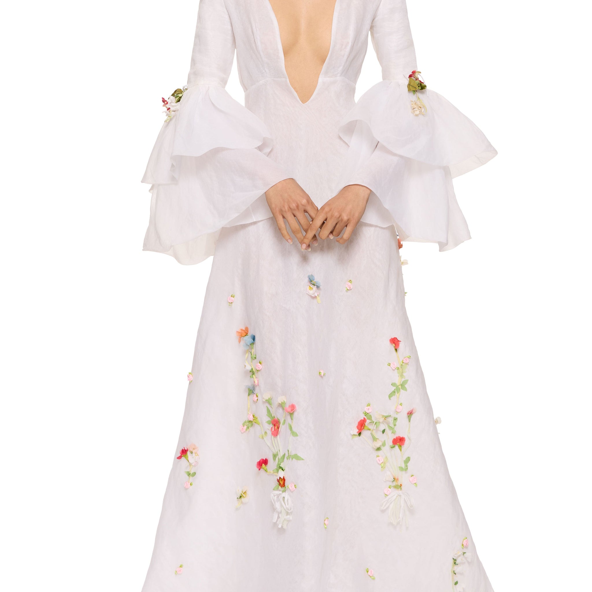 1970s Floral Bell Sleeve Wedding Dress