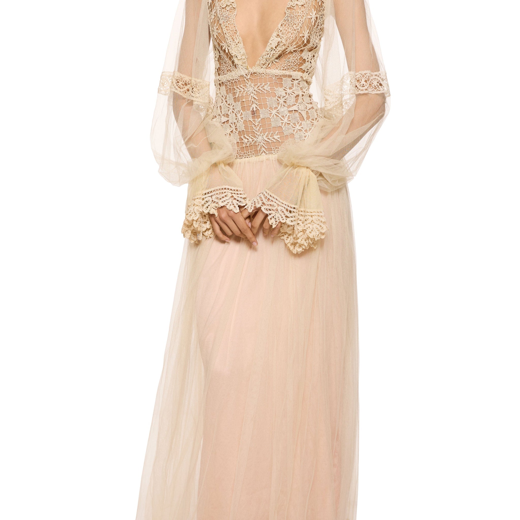 1930s Ivory Hand Crochet and Tulle Gown with Blush Under Skirt