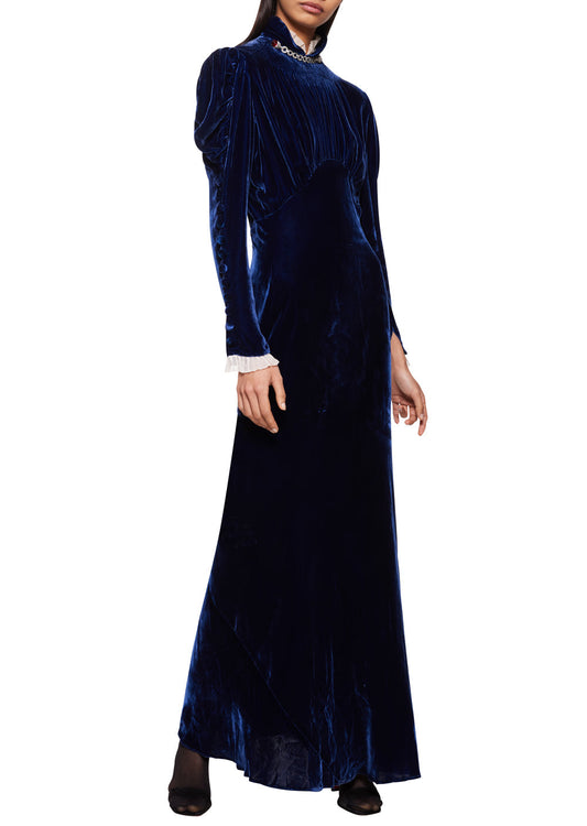1930s Deep Navy Blue Velvet Dress