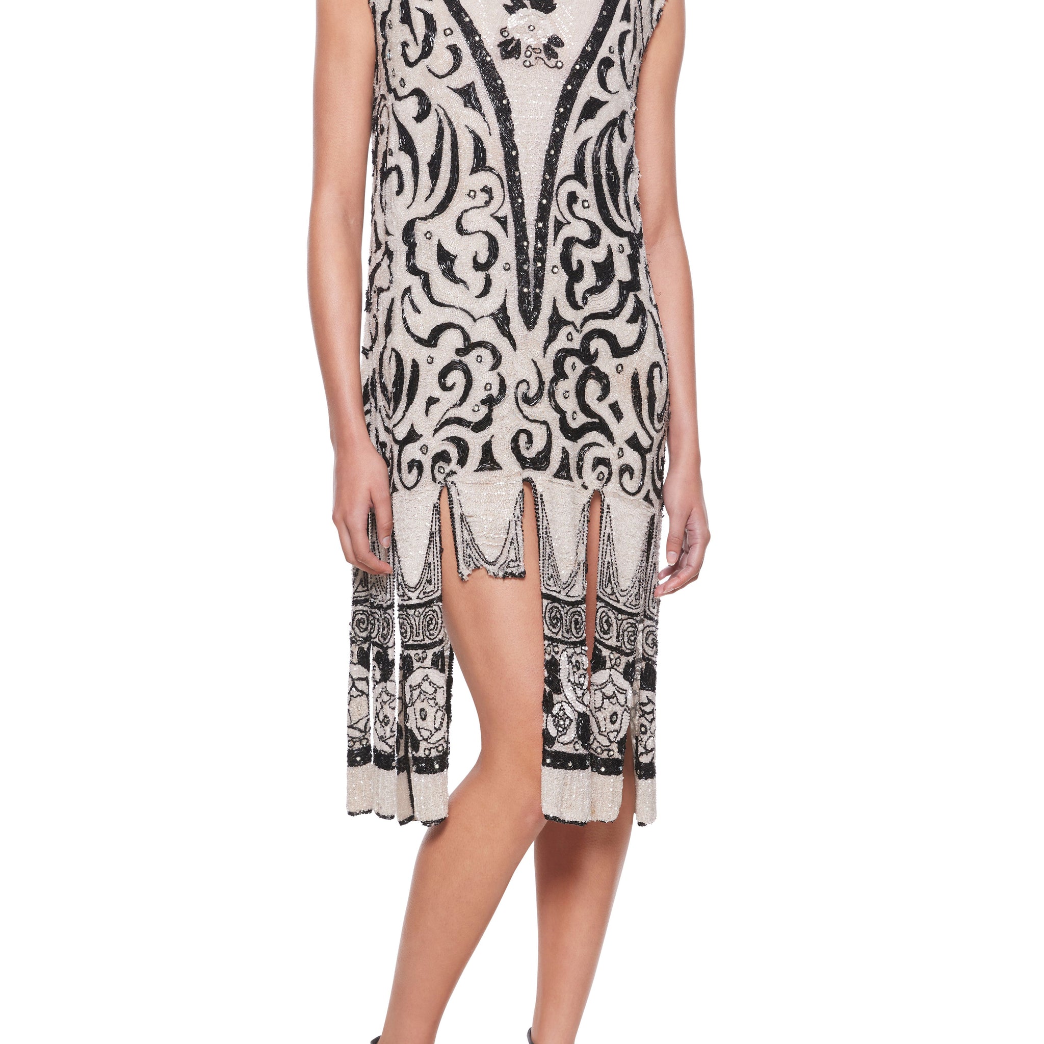 1920s Hand Beaded Swirl Patterned Fringe Dress