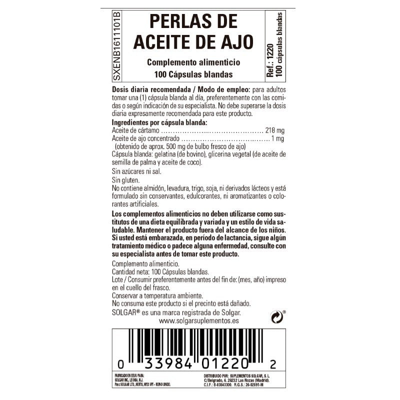 SOLGAR Perlas de Aceite de Ajo 100 cápsulas blandas