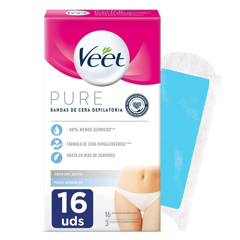 VEET Pure Bandas de Cera Fría Depilatoria área Bikini Piel Sensible 16 tiras