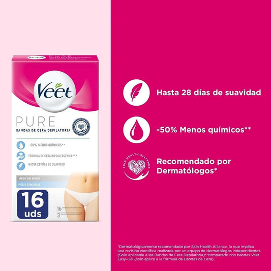 VEET Pure Bandas de Cera Fría Depilatoria área Bikini Piel Sensible 16 tiras