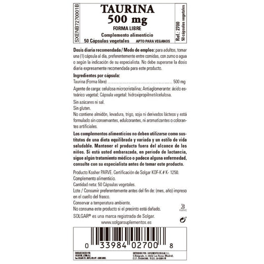 SOLGAR Taurina 500mg (50 Cápsulas vegetales)