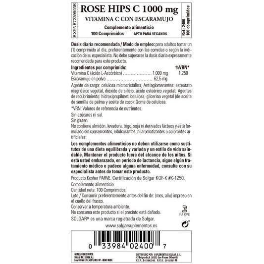 SOLGAR Rose Hips C 1000mg Vitamina C con Escaramujo (100 Comprimidos)