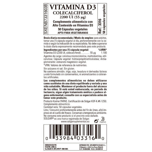 SOLGAR Vitamina D3 2200 UI (55 μg) (Colecalciferol) 50 Cápsulas Vegetales