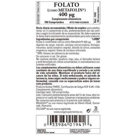 SOLGAR Folato Metafolin 400mcg (100 comprimidos)