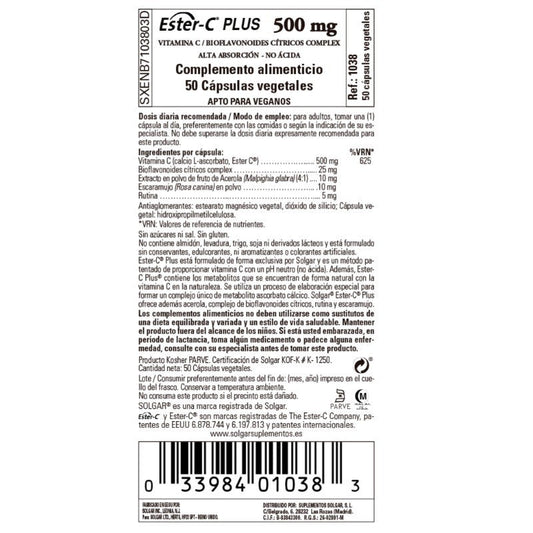 SOLGAR Ester-C Plus 500mg Vitamina C 50 Cápsulas Vegetales