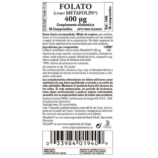 SOLGAR Folato (como Metafolin) 400mcg 50 comprimidos