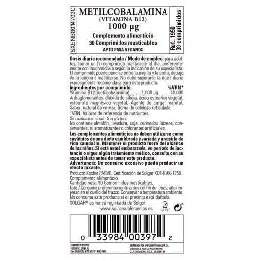 SOLGAR Vitamina B12 Metilcobalamina 30 comprimidos masticables