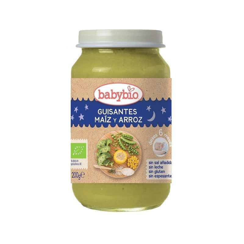 BABYBIO Tarrito Buenas Noches BIO Guisantes, Maíz y Arroz +6m 200g