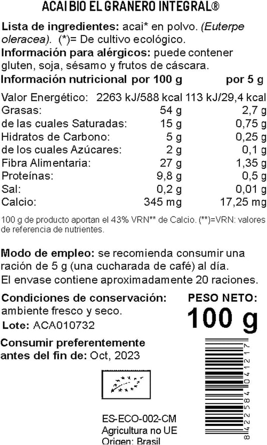 El Granero Integral Acai En Polvo Bio 100 g