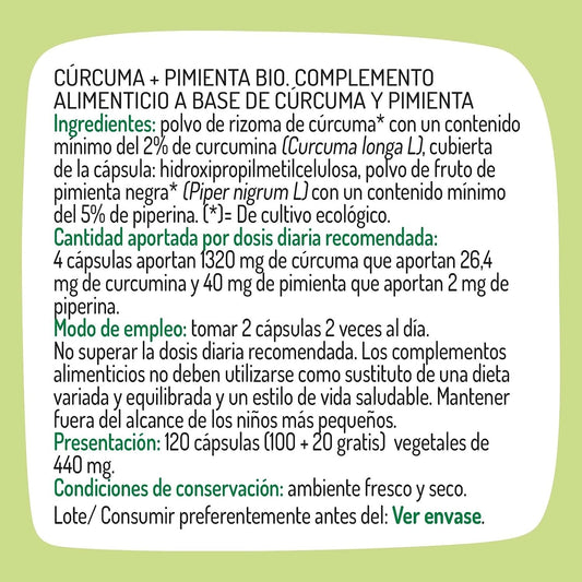 Granero Suplementos Curcuma + Pimienta Bio 440 Mg 100+20 Cápsulas