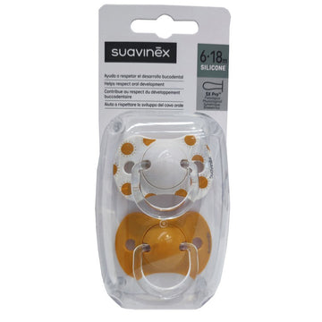 SUAVINEX Chupete SX Pro Tetina Fisiológica Silicona 6-18 Meses 2 Uds (Círculos-Naranja)