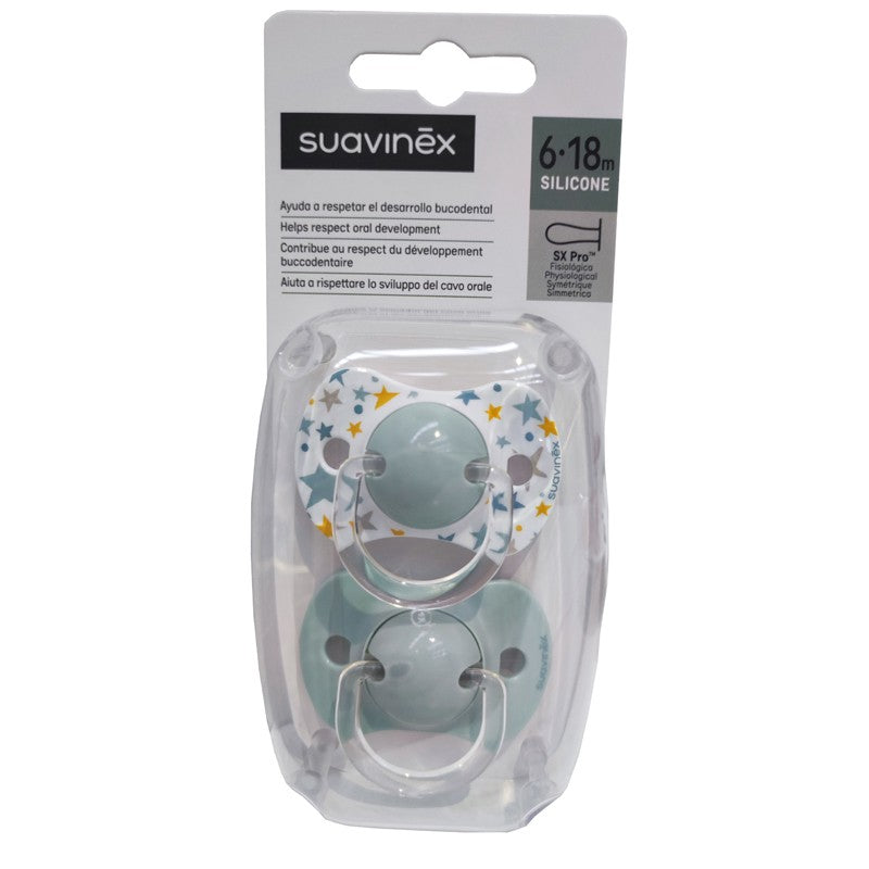 SUAVINEX Chupete SX Pro Tetina Fisiológica Silicona 6-18 Meses 2 Unidades (Estrellas-Azul)