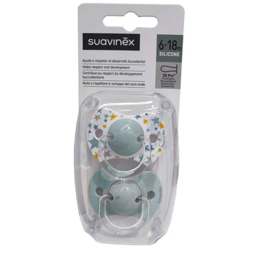 SUAVINEX Chupete SX Pro Tetina Fisiológica Silicona 6-18 Meses 2 Unidades (Estrellas-Azul)