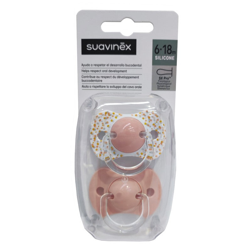 SUAVINEX Chupete SX Pro Tetina Fisiológica Silicona 6-18 Meses 2 Unidades (Puntitos Naranja-Rosa)