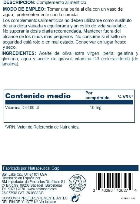 Solaray Vitamina D3 400 Ui 120 Perlas