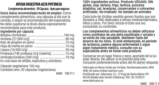 Viridian Ayuda Digestiva Alta Potencia 30 Vcaps
