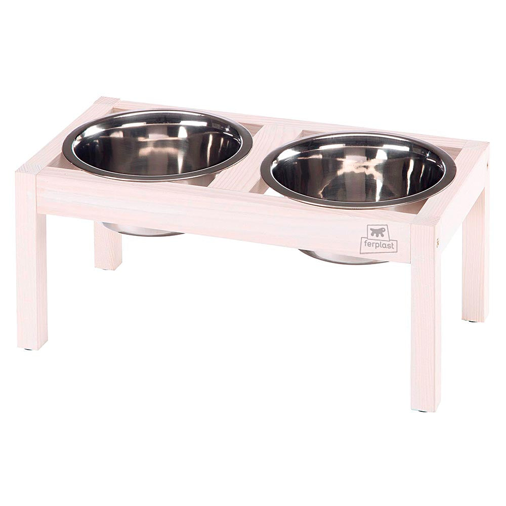 Ferplast Desco Wood Soporte de Comederos con 2 Cuencos de Acero Inoxidable 2.13kg