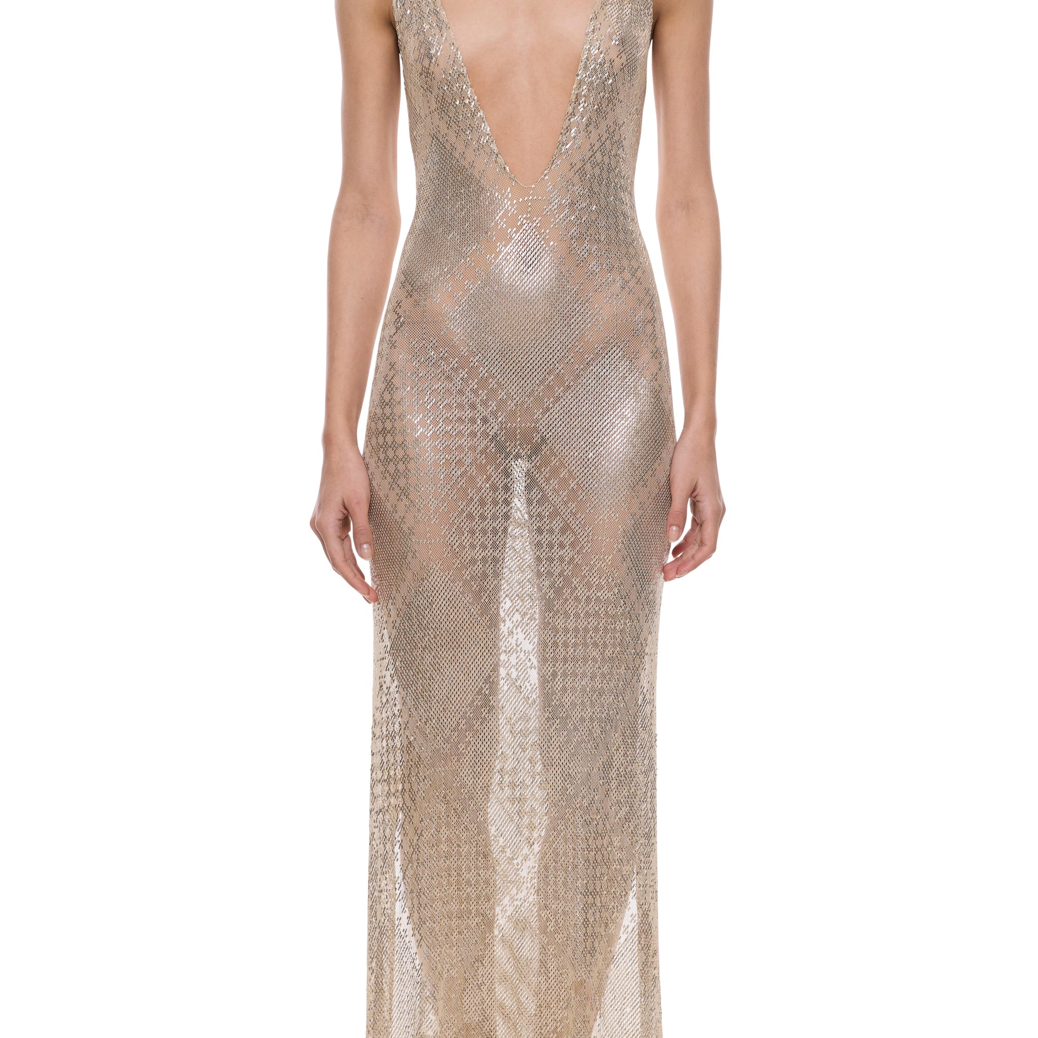 1920s White Plunging Egyptian Gown