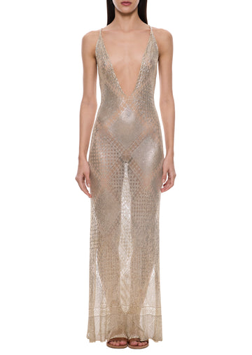 1920s White Plunging Egyptian Gown