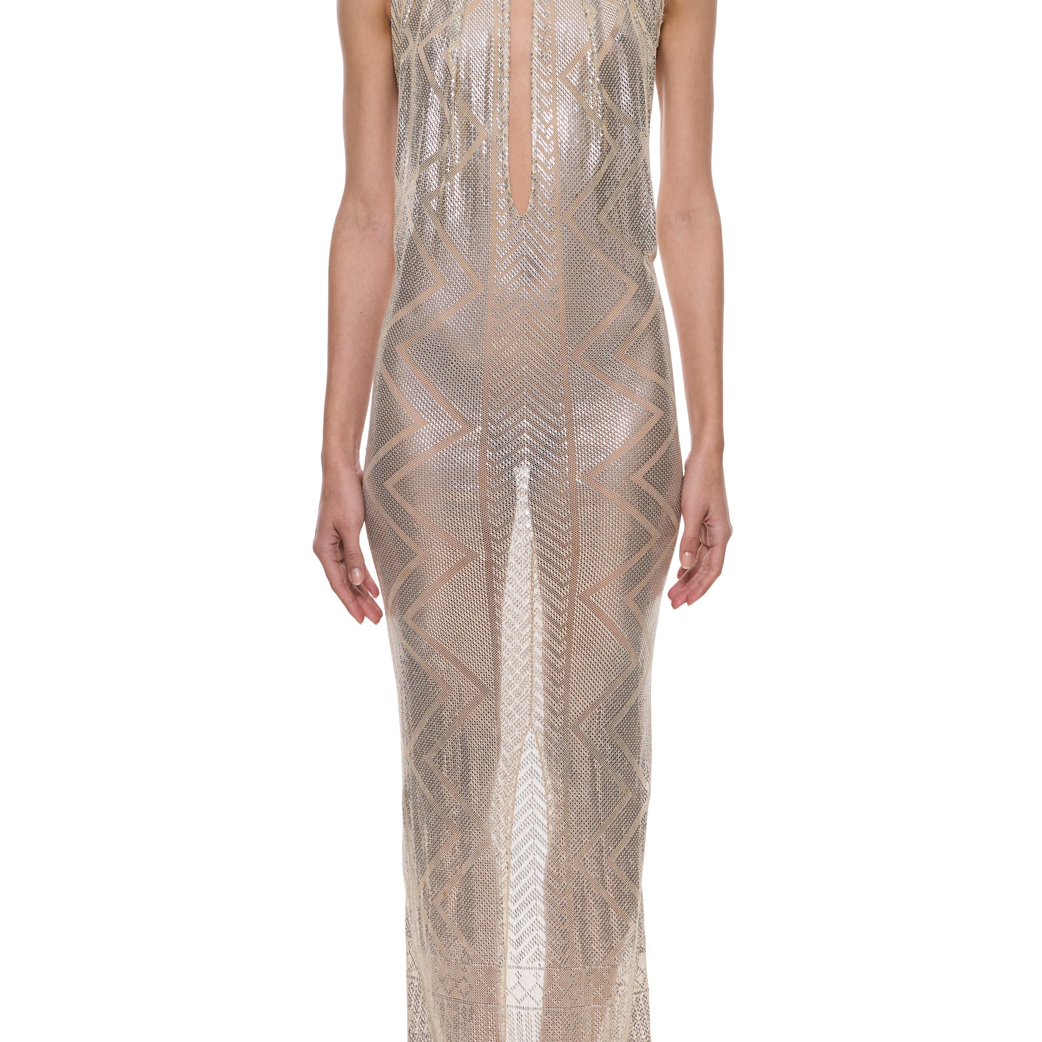 1920s White Geometric Egyptian Gown