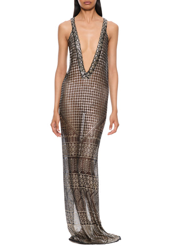 1920s Silver Geometric Chevron Egyptian Gown