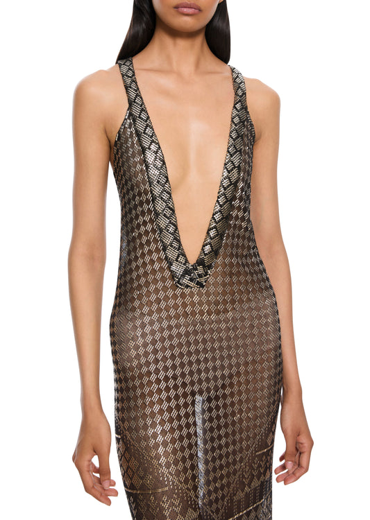 1920s Silver Geometric Chevron Egyptian Gown