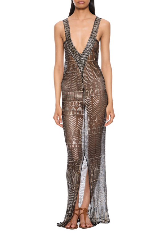 1920s Egyptian Geometric Gown with Feather Cape