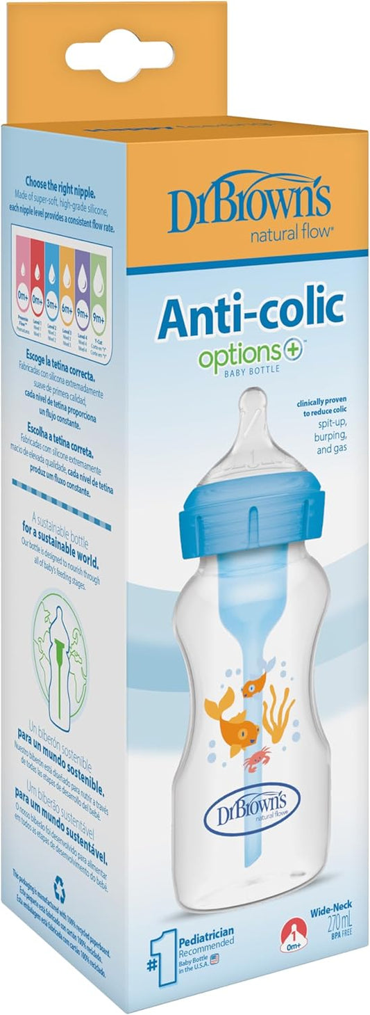 Dr. BROWN'S Biberón Anticólico Boca Ancha Options+ Azul +0 meses 270ml