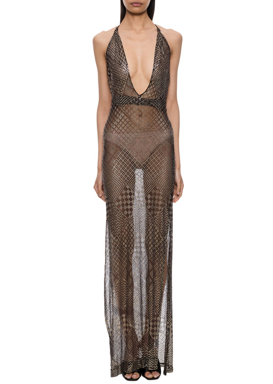 1920s Black and Silver Egyptian Sheer Plunge Gown