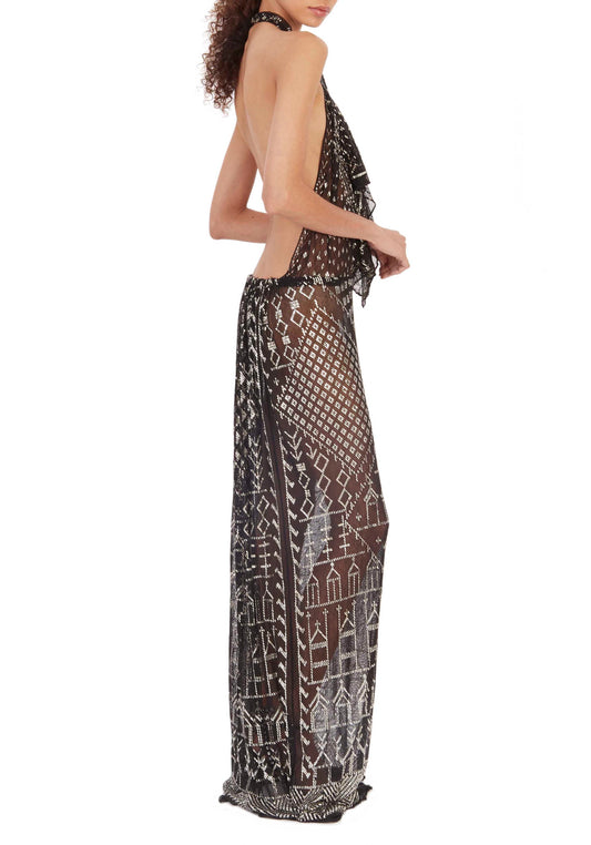 1920's Egyptian Halter Ruffle Gown