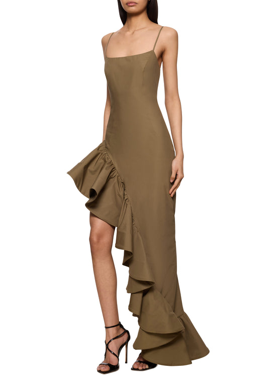 Asymmetric Dress with Flounces - Khaki