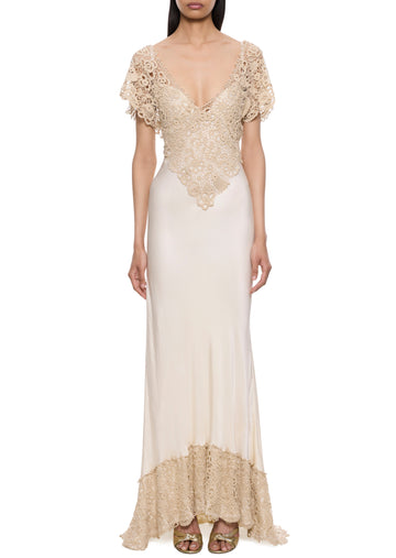 1940s Cream Silk and Crochet Gown