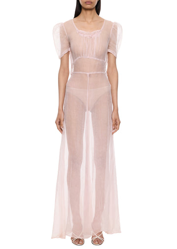 1930s Sheer Pink Chiffon Gown with Puffed Sleeves