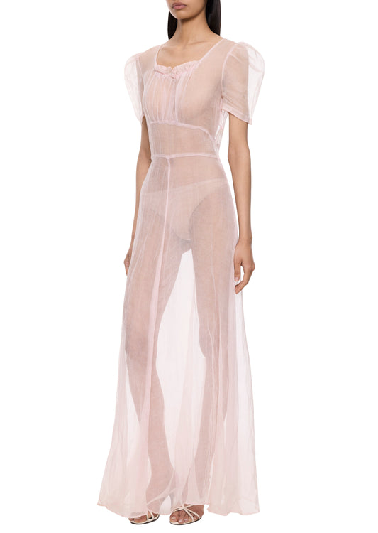 1930s Sheer Pink Chiffon Gown with Puffed Sleeves