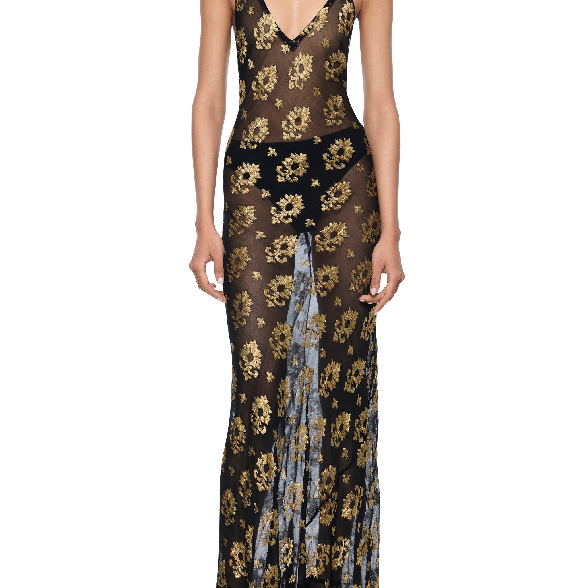 1940s Silk Chiffon Black and Gold Dress