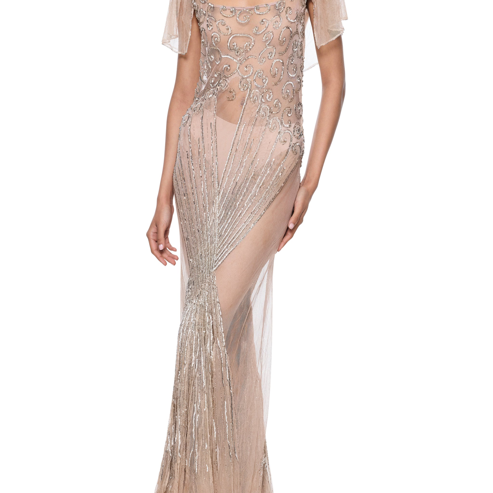1930s Champagne Silk Chiffon Embroidered Gown