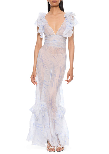 1930s White and Blue Chiffon Dress