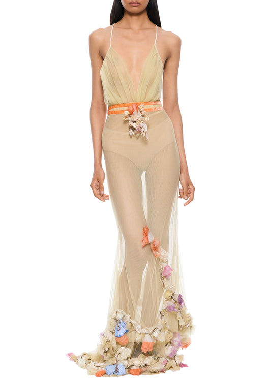 1940s Floral Appliquéd Gown with Sheer Overlay